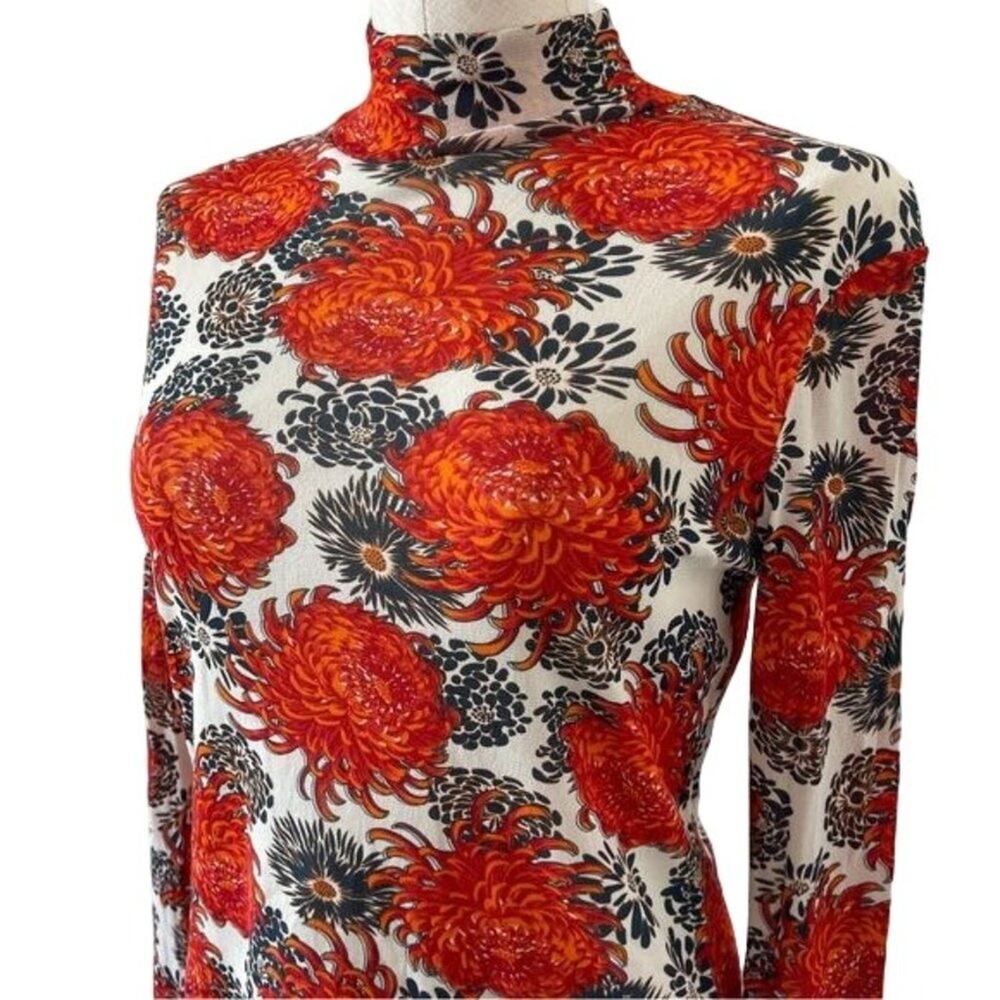 Vivienne Tam Chrysanthemum Top Faux Turtleneck Cream Red Floral Nylon Shirt Sz 6